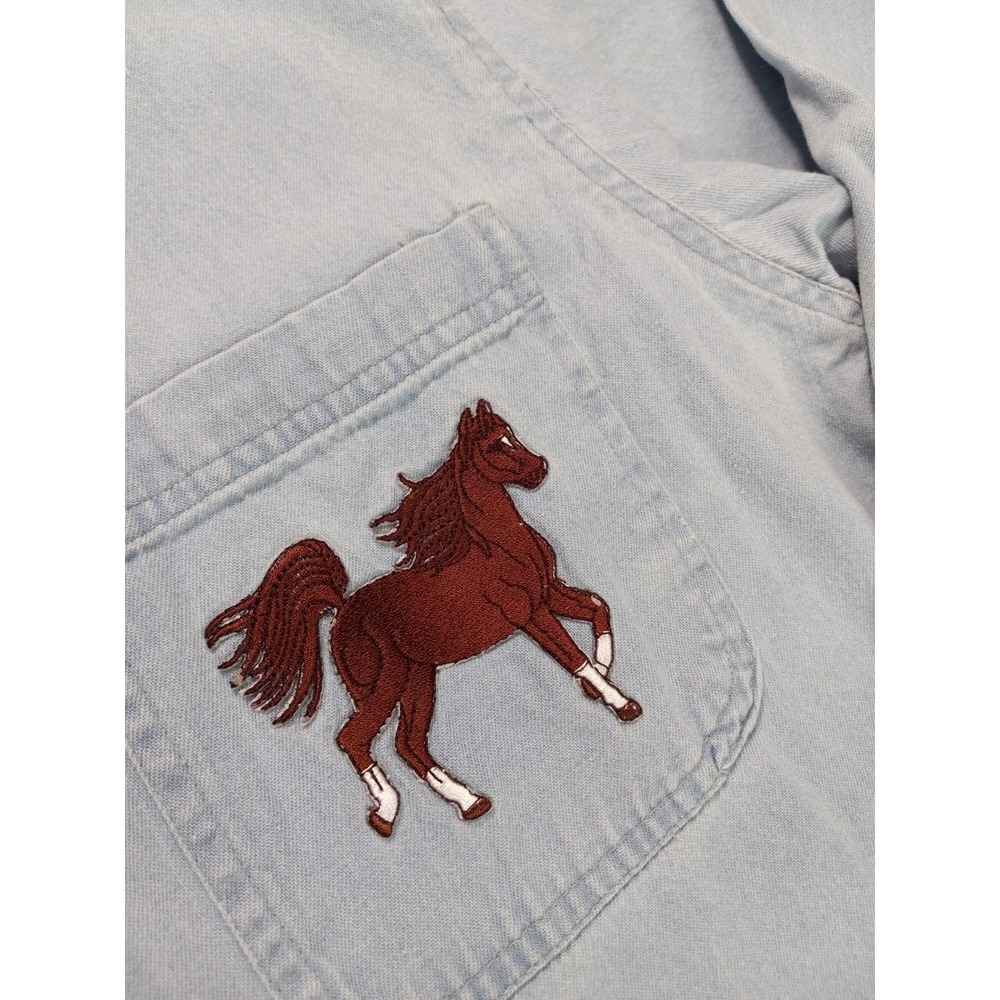 Vintage 90s Horse Embroidered Denim Button Up Shirt S Western Cowgirl Coastal - Picture 4 of 12